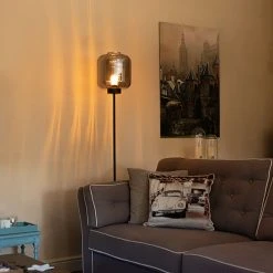 QAZQA Design Stehleuchte schwarz mit Rauchglas - Qara