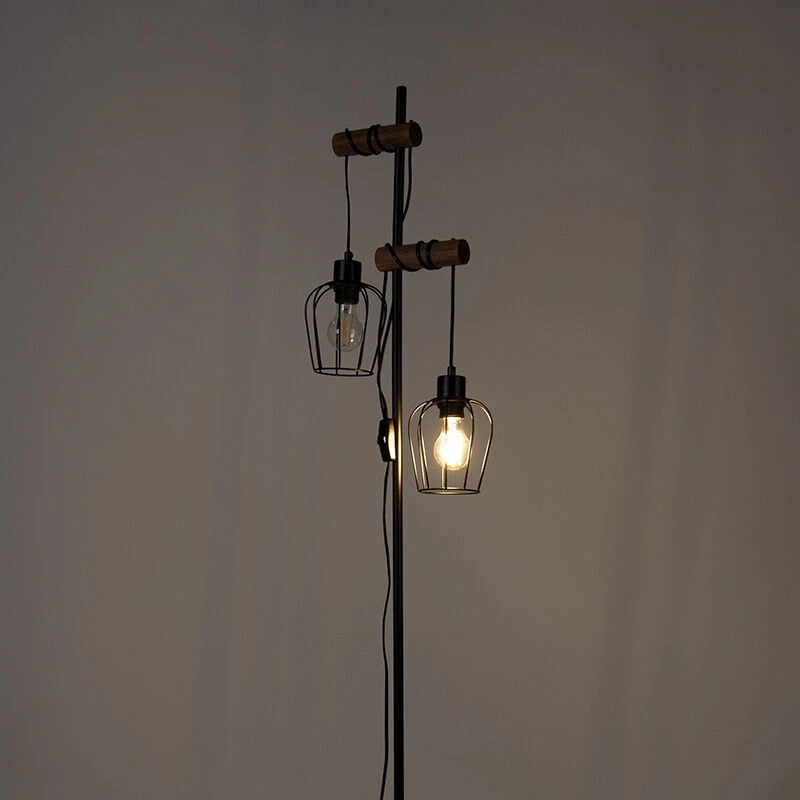 QAZQA Ländliche Stehlampe schwarz mit Holz 2-flammig - Stronk 18 QAZQA Ländliche Stehlampe schwarz mit Holz 2-flammig - Stronk – Bild 16