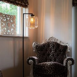 QAZQA Design Stehleuchte schwarz mit Braunglas - Qara