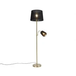 QAZQA Klassische Stehlampe Gold Stoffschirm Schwarz mit Leselampe - Retro