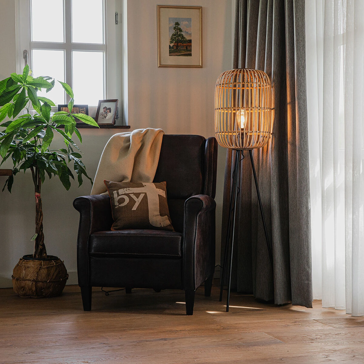 QAZQA Ländliche Stehlampe Rattan - Manila 3 QAZQA Ländliche Stehlampe Rattan - Manila