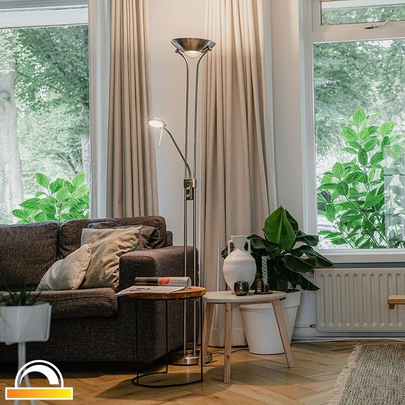 QAZQA Stehleuchte Stahl mit Leselampe inkl. LED und Dimmer - Diva 3 QAZQA Stehleuchte Stahl mit Leselampe inkl. LED und Dimmer - Diva