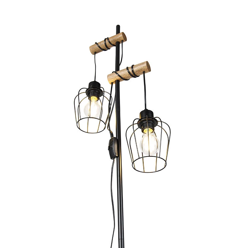 QAZQA Ländliche Stehlampe schwarz mit Holz 2-flammig - Stronk 14 QAZQA Ländliche Stehlampe schwarz mit Holz 2-flammig - Stronk – Bild 12