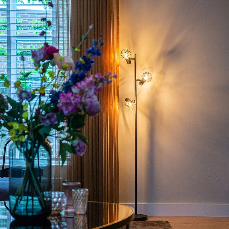 QAZQA Design Stehleuchte schwarz 3-Licht verstellbar - Mesh 3 QAZQA Design Stehleuchte schwarz 3-Licht verstellbar - Mesh