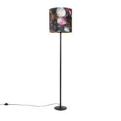 QAZQA Stehlampe schwarz mit Veloursschirm Blumenmuster 40 cm - Simplo