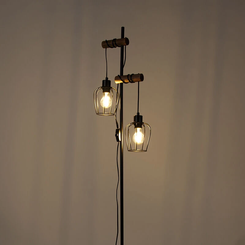 QAZQA Ländliche Stehlampe schwarz mit Holz 2-flammig - Stronk 20 QAZQA Ländliche Stehlampe schwarz mit Holz 2-flammig - Stronk – Bild 18