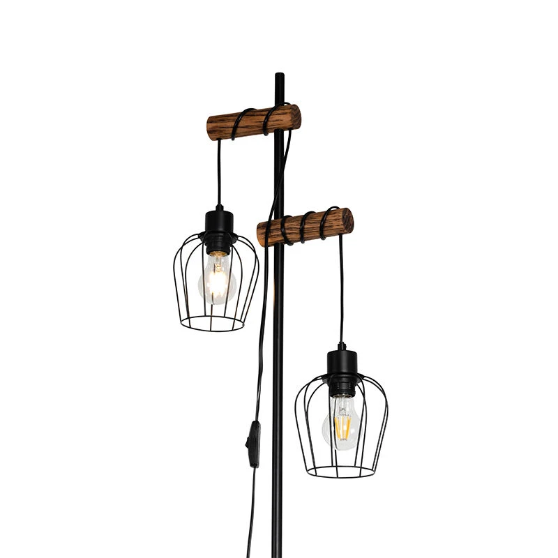 QAZQA Ländliche Stehlampe schwarz mit Holz 2-flammig - Stronk 7 QAZQA Ländliche Stehlampe schwarz mit Holz 2-flammig - Stronk – Bild 5