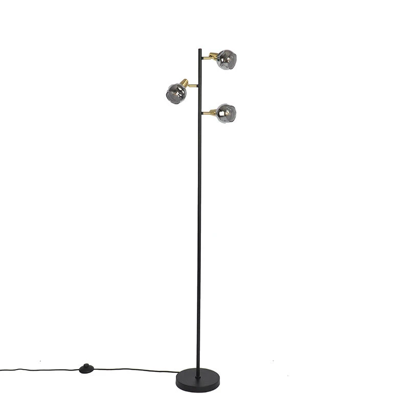 QAZQA Art Deco Stehleuchte schwarz und gold mit Rauchglas 3-Licht - Vidro 17 QAZQA Art Deco Stehleuchte schwarz und gold mit Rauchglas 3-Licht - Vidro – Bild 15