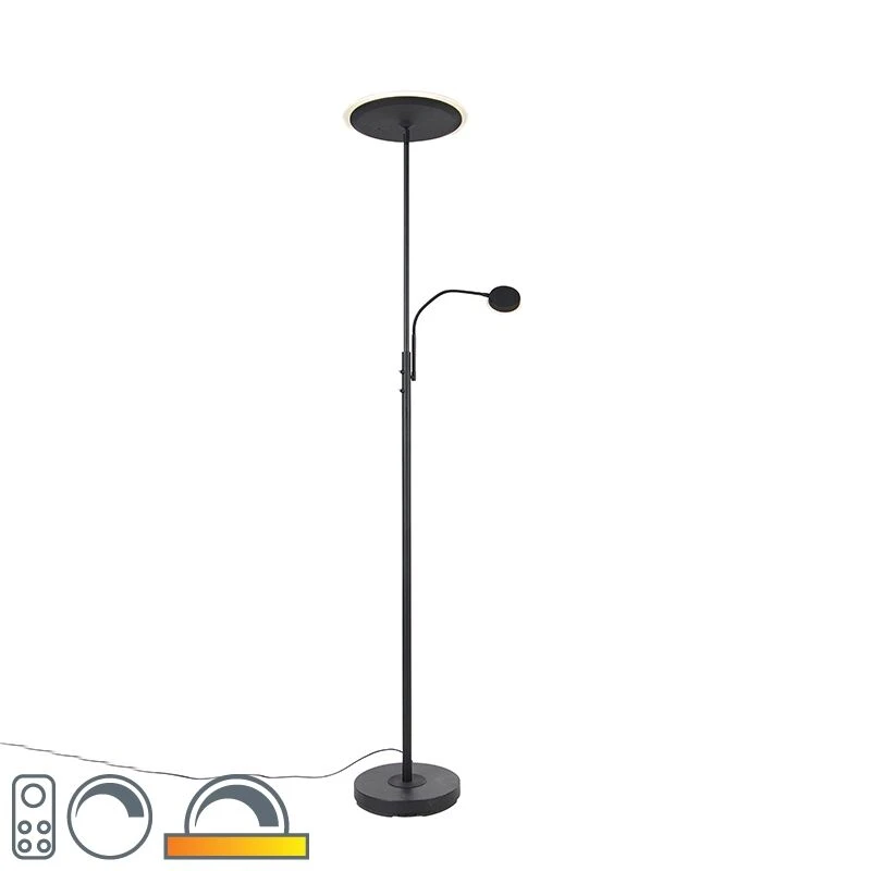 QAZQA Moderne Stehleuchte schwarz inkl. LED mit Fernbedienung und Lesearm - Strela 3 QAZQA Moderne Stehleuchte schwarz inkl. LED mit Fernbedienung und Lesearm - Strela