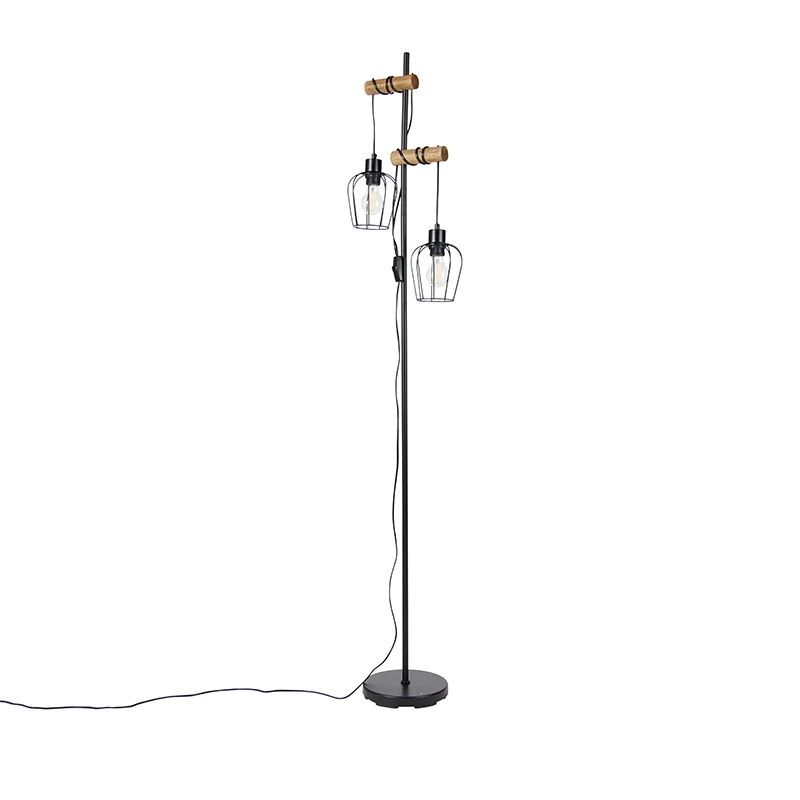 QAZQA Ländliche Stehlampe schwarz mit Holz 2-flammig - Stronk 21 QAZQA Ländliche Stehlampe schwarz mit Holz 2-flammig - Stronk – Bild 19