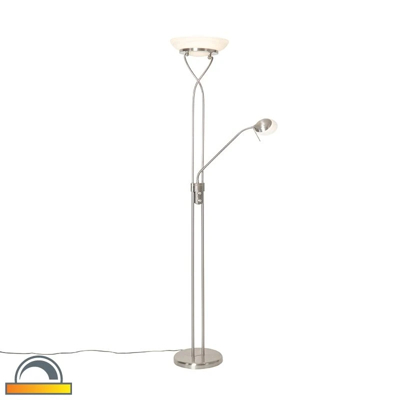 QAZQA Stehlampe Stahl inkl. LED und Dimmer mit Leselampe - Empoli 3 QAZQA Stehlampe Stahl inkl. LED und Dimmer mit Leselampe - Empoli