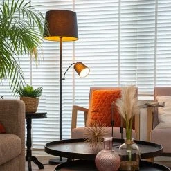 QAZQA Klassische Stehlampe schwarz mit Gold und Leselicht - Retro