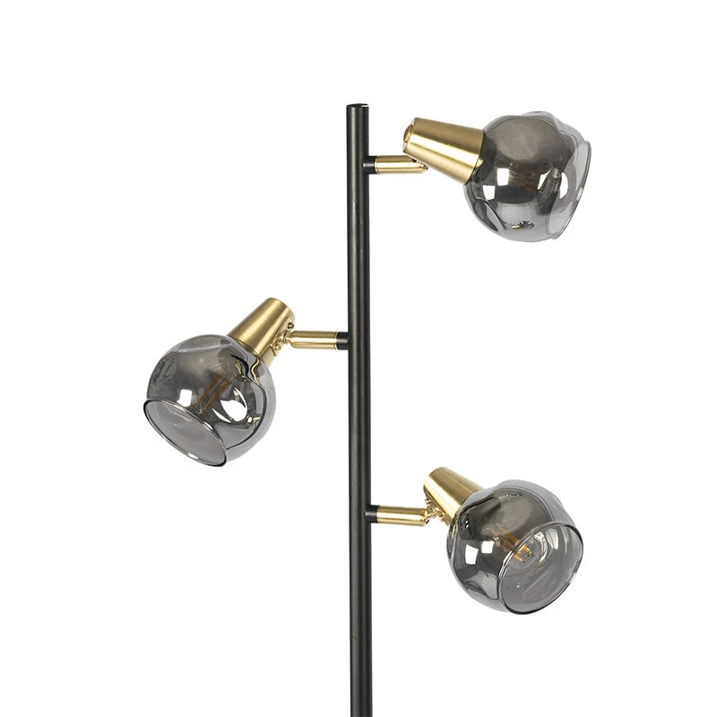 QAZQA Art Deco Stehleuchte schwarz und gold mit Rauchglas 3-Licht - Vidro 11 QAZQA Art Deco Stehleuchte schwarz und gold mit Rauchglas 3-Licht - Vidro – Bild 9