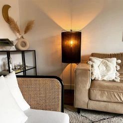 QAZQA Design Stehlampe Stahl mit schwarzem Leinenschirm - Reichhaltig