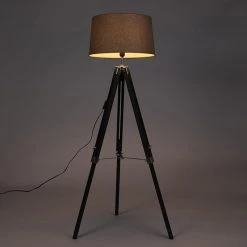 QAZQA Stehleuchte schwarz mit taupe Leinenschirm 45 cm - Tripod -Stehlampen Verkaufsladen 9389 92838 14