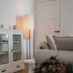 QAZQA Design Stehleuchte schwarz mit Leinenschirm grau - Rich