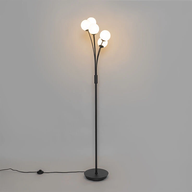 QAZQA Moderne Stehlampe schwarz mit Opalglas 5-flammig - Athens 14 QAZQA Moderne Stehlampe schwarz mit Opalglas 5-flammig - Athens – Bild 12